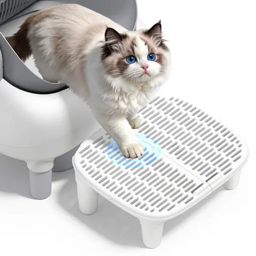 SohoChic Plastic Low Profile Filter Cat Litter Box Step Ramp - Detachable Grooved Anti-Tracking Mat Pedal Stool, Non-Slip for Kitten & Senior Cats, Compatible with Self-Cleaning Boxes (White) - Clean Floors Solution#backtoschool#sohochic