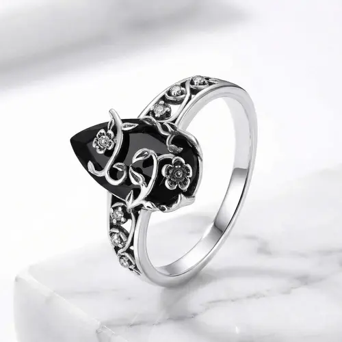 925 Sterling Silver Synthetic Obsidian Ring with Vintage Flower Design, Elegant Black Lab Grown Diamond Ring Jewelry for Women, Energy Crystal Ring Perfect for Daily Wear and Birthday Party, Mother's day Gift, with Gift Box