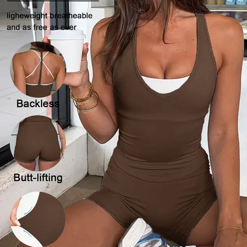 Women's Sporty Set, Athletic Sportswear, Fitted Design Activewear, Backless Sleeveless Top & High Waist Shorts, Ideal for Training, Running & Yoga, Casual Daily Wear, Athletic Sets