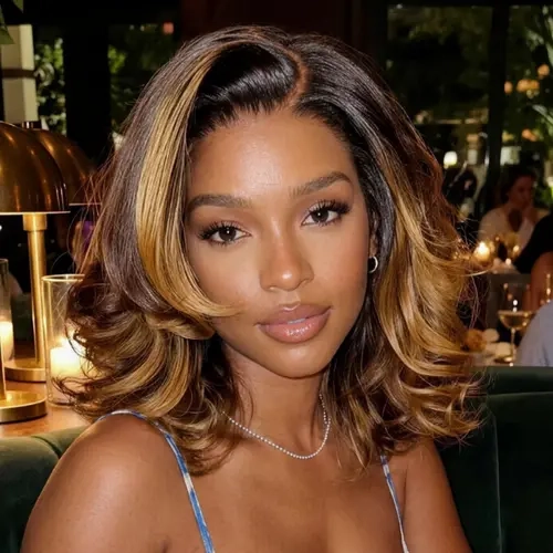 UNice Glueless 7x5 HD Lace Closure Wigs Human Hair, Side Part Balayage Highlights Golden Brown Body Wave Bob with Drawstring Natural Hairline Summer Wig