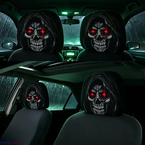 2-Pack Halloween Red-Eyed Grim Reaper Car Headrest Covers, Spooky Hooded Skull Print Auto Seat Protectors, Scary Prank Car Interior Decorations, Car Interior Accessories, Seat Covers For Cars campingessentials, Gothic Car Accessories, Cool Car Decorations