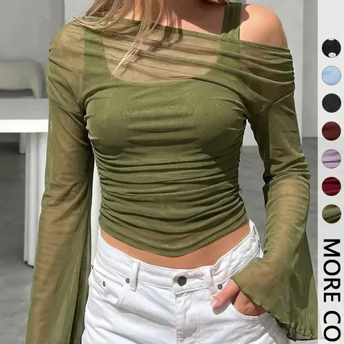 1 Piece Women's Mesh Knit Long Sleeve Top Womenswear, Off Shoulder Flare Sleeve Ruched Crop Blouse, Sheer Form-Fitting Shirt for Party, Daily & Everyday Wear