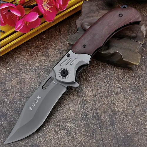 FA85 Pocket Folding Knife with Wood Handle, 5Cr13Mov Blade, 420 Stainless Steel Inlay, Ideal for Camping, Survival & Outdoor Activities, Outdoor Camping Knives