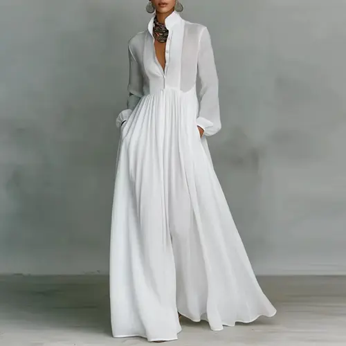 Women's Basic Elegant Boho Maxi Shirt Dress, Longsleeves Button-Down Flowing Pleated High-Waist Loose-Fit, Casual Wear Breathable Lightweight Women's Clothes for 2026 Spring Summer Resort Vacation Beach