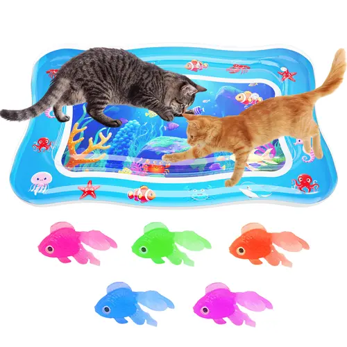 CATPICK Cat Water Play Mat—Water Bed with Floating Fish, Foldable Water Play Mat, 0.7mm Thickened PVC, 17 x 25 inches