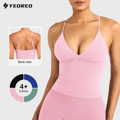 YEOREO Women's Halter Neck Sports Bra Longline Workout Tank Top with Built-in Bra Backless Strappy Gym Top Buttery Soft Padded Yoga Cami summderfinds,travel essentials,camping essentials tiktokshopbacktoschool
