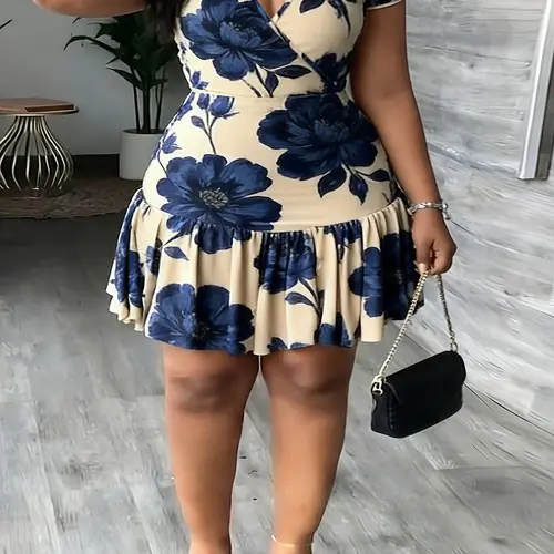 Plus Size Women's Vintage Blue Floral Print V-Neck Slim Fit Short Sleeve Feminine Chic Vibe Casual Dress, Ruffled Skirt
