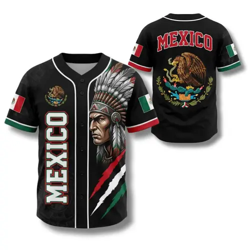 Mexico Baseball Jersey, Aztec Warrior Button Up Shirt, Mexican Flag Eagle Fan Gift, Vintage Mexican Style Baseball Jersey