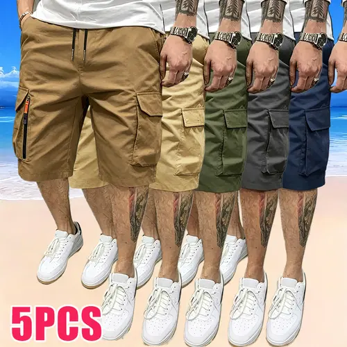 5-Pack Men’s Sport Casual Cargo Shorts — Multiple Pockets, Drawstring Elastic Waist, Decorative False Zipper; Suitable for Outdoor Hiking, Daily Running, and Commuting，fathersdaygift
