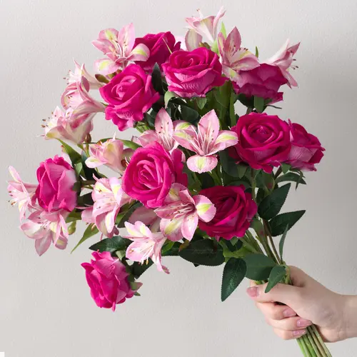 Ivydale 14-Piece Real Touch Silk Plastic Artificial Bouquet Set - Fake Roses & Lilies, Farmhouse Centerpiece for Vase Room Decoration, Women's Gift, Table