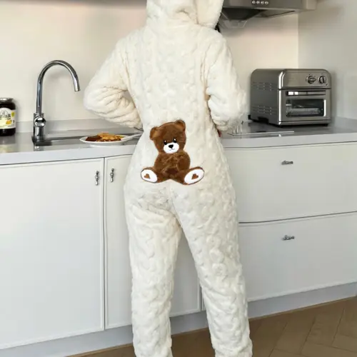 Women's Cute Teddy Bear Embroidered Hooded Long Sleeve Plush Jumpsuit, Comfortable Fashion Design, Perfect Gift for Her, Casual Fall & Winter Wear, Loungewear Nightwear, Cozy Wear, Jumpsuit Pajamas