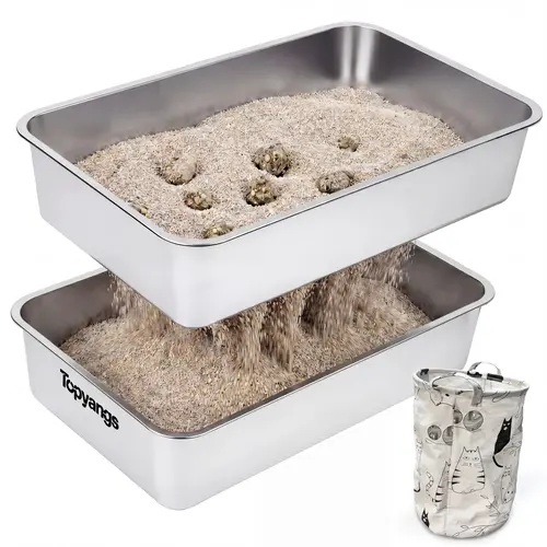 Topyangs XL Capacity High Sided Litter Box - Stainless Steel Safe Litter Tray with Curved Sieve for Easy Cleanup, Odor Control Solutions, High Sided Litterbox, Safe Litter Box