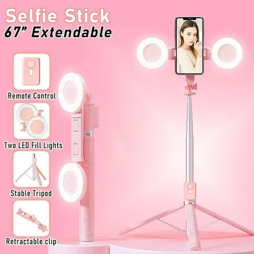 Multifunctional Selfie Stick Tripod + Dual Ring Light, 360° Rotation, Smart 6-in-1 Remote Control for iOS & Android, Ideal for Photo/Video/Music/Recording/Live/Vlog - Portable Stand Gift for, Accessories, Smartphone