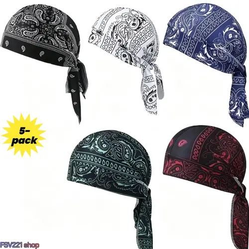 Unisex 5-Pack Paisley Print Retro Skull Cap Hats, Quick-Dry Transpirable Stretchy Hair Wrapping Headwear, Universal Fit (21.65-25.98 inches), Cost-Effective for Sports & Camping, Adult Fashion Accessories