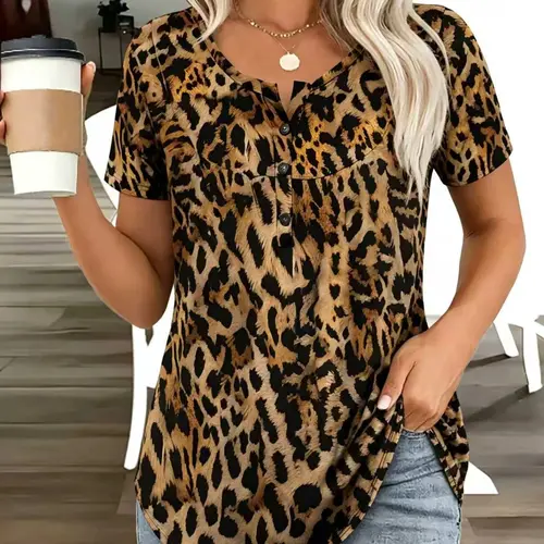 Summer New Arrival Plus Size Women's Leopard Print Short Sleeve Shirt, Button Front Design, Curved Hem, Casual Chic Fashion Top