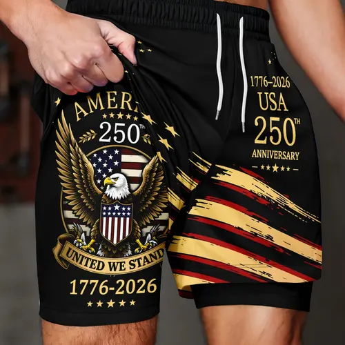 Men's 2-in-1 Quick-Dry Athletic Sports Drawstring Shorts, USA 250th Anniversary Bald Eagle & Stars and Stripes Print, Drawstring Casual Summer Gym Workout Shorts