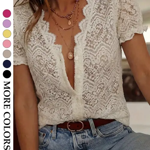 Women's French Vintage Lace Cutout Shirt, V Neck Wavy Edge Button Short Sleeve Top, Summer Commute Date Dressy Blouse