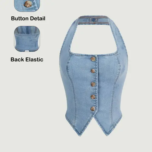 Women's Halter Neck Denim Top, Vintage Button Detail, Strappy Back Design, V-Back Crop Cut, Perfect for Summer Vacation and Parties