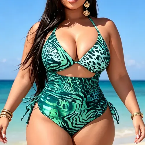 New European Style Plus Size Sexy Hollow Out Back Tie One-Piece Swimsuit, Holiday Fashion, Summer Leisure, Beach Vacation, Cutout Front Swimsuit, Beachwear Swimsuits
