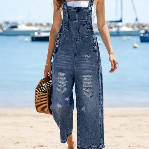 Washed Ripped Denim Bib Pants, Sleeveless Baggy Loose-Fit Oversized Wide-Leg Nine-Part Overall, Summer Vacation Everyday Casual Chic Versatile Style, All Seasons Wear