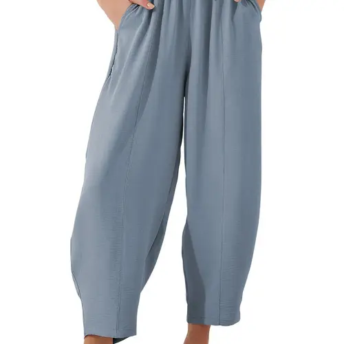 Summer Solid Color Basic High Waist Loose Fit Baggy Oversized Vacation Casual Adjustable Drawstring Pocket Nine-Inch Pants, Comfortable and Stylish Summer Wear, Casual Comfy Trousers