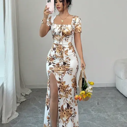 Women's Summer Short Sleeve Dress, Digital Print Vacation Dress, Beach Resort Dress, Split Hem, Waist Ruched Long Dress, Latest Floral Dress, Elegant Party Gown, Elegant Summer Dresses