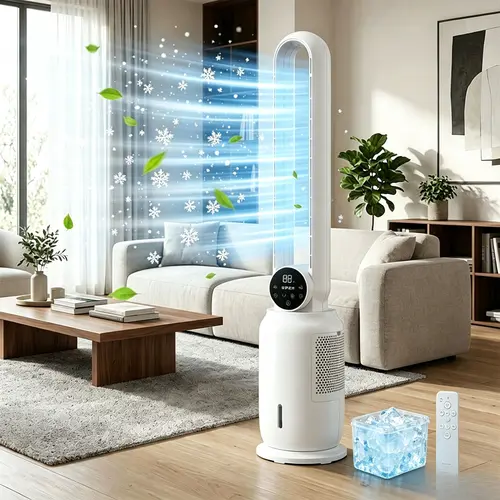 SPZTJK Bladeless Evaporative Air Cooler - Energy Efficient, Silent Cooling Tower Fan with Air Purification, Adjustable 3 Speeds, 12H Timer, Water Tank, Filter, Ice Crystal Box, Touch & Remote Control, Night Light (Home, Office Use)
