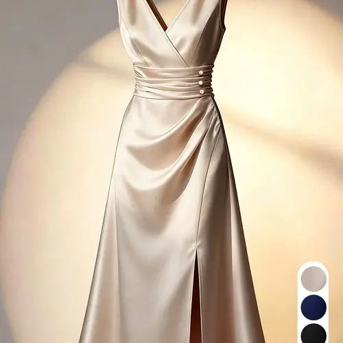 Champagne V-Neck Midi Dress, Elegant Sleeveless Slim-Fit Dress, High-Waisted Waist-Cinch Dress, Summer New Arrival, Casual Office Wear