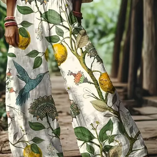 Women's Floral Print Casual Bohemian Boho Wide Leg Long Pants, Loose Fit, Baggy, Elastic, Comfortable Breathable Fabric, Ideal for Vacation, Home, Daily Wear, Suitable for Spring, Summer, Fall, Printed Pants