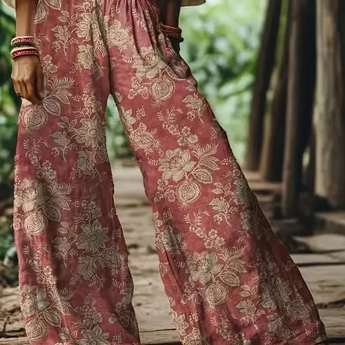 Women's Floral Print Casual Boho Bohemian Wide-Leg Loose Long Pants, Bottoms, Comfortable Breathable Elastic Fabric, Ideal for Vacation, Home and Daily Wear, Suitable for Spring, Summer and Fall