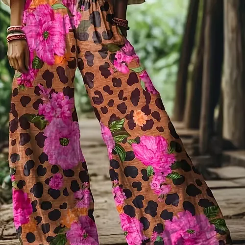 Women's Floral Print Casual Loose Boho Bohemian Wide Leg Elastic Long Pants, Breathable Woven Boho Chic Trousers, Comfortable Breathable Fabric, Ideal for Vacation, Home, Daily Wear, Suitable for Spring Summer Fall