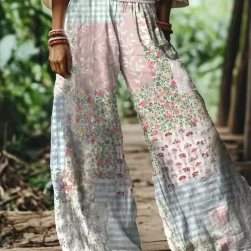 Women's Bohemian Floral Print Wide Leg Pants, Casual Elastic Waist, Boho Chic Trousers, Comfortable and Breathable Fabric, Ideal for Vacation, Home, and Daily Wear, for Spring, Summer, and Fall