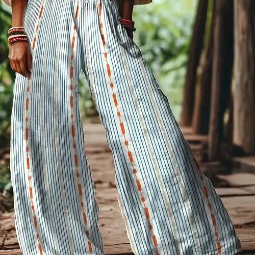 Women's Casual Boho Bohemian Striped Print Loose Baggy Oversized Long Pants, Elastic Waist, Comfortable Breathable Fabric, Ideal for Vacation, Home and Daily Wear, Suitable for Spring, Summer and Fall