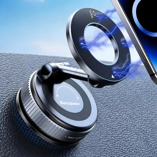 Guccqueen Universal Magnetic Car Phone Holder - Easy to Use Magnetic Suction Cup, Reusable Nano Gel Mount, MagSafe-Compatible for iPhones, Foldable, Cool Stuff for Car Interior, Dashboard Accessory