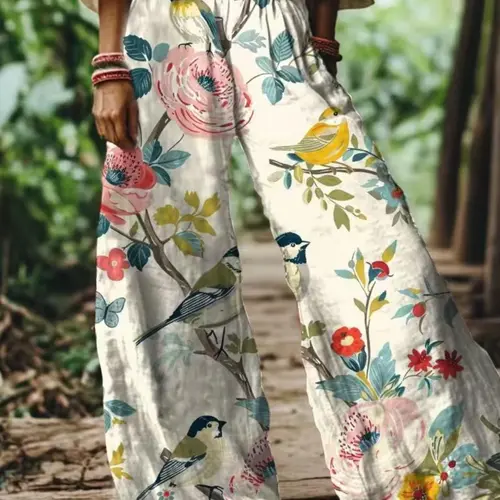 Women's Floral Print Boho Bohemian Casual Wide Leg Long Pants, Boho Fashion Trousers, Comfortable Breathable Fabric, Elastic, Perfect for Vacation, Home, Daily Wear, Spring Summer Fall
