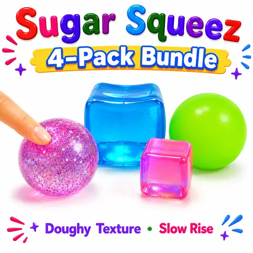 SugarSqueez Sugar Squishy 4-pack- ASMR Squishies Toys, Ultra Soft Maltose-Filled Dough-Like Fidget Sensory Toy Set, Slow-Rising Assorted Collectible Squishies with Glitter, Neon, Cube Styles, Stress Relief for Kids, Birthday Gifts