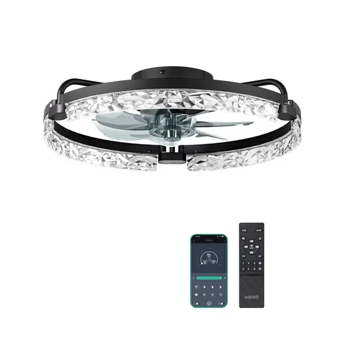 EDISHINE Ceiling Fans with Lights and Remote, 20'' Low Profile Ceiling Fan, 3000-6000K Dimmable, 6 Speeds LED Modern Flush Mount Fan Light, DC Motor, APP Control, Black Fandelier for Bedroom, Kitchen