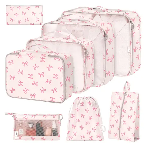 8 Set Packing Cubes for Suitcases,Suitcase Organizer with Shoe,Cosmetics,Clothing, and Accessories Bags for Travel Luggage Organizer Women Men(Pink Bows)