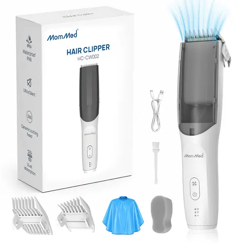 MomMed Baby Hair Clippers - Ultra Quiet Whisperquiet Cut Cordless Rechargeable Vacuum Hair Cutting Machine with Ceramic Blades, Waterproof Whole Body Grooming Set for Newborn Unisex Kids, Back to School, Battery-Powered Electronic Trimmer