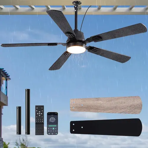 EDISHINE Outdoor Ceiling Fan with Light, IP66 Waterproof Gazebo Hanging Fan, 5200 CFM, 3CCT, APP/Remote Control, 5 Wood Blade, 6-Speed Winds, Plug in Ceiling Fans for Patios Porch Pergola, Black