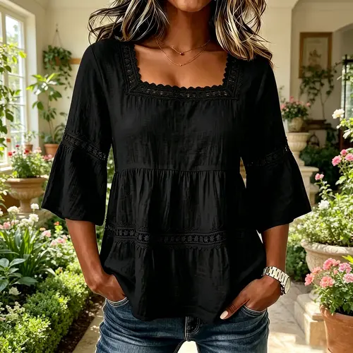 Women's Chic Style 2020 New Summer Solid Color Cotton-Linen Cover Up Shirt Top, Square Neck, Lace Trim, 3-Quarter Sleeves, Casual Beach Sports & Outdoor Swimwear Surfwear Accessory