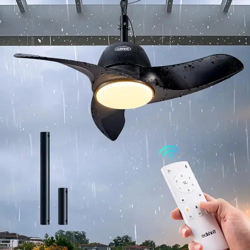 EDISHINE 30-in Outdoor Ceiling Fan with Light, Remote & IP66 Waterproof Rating, Hanging Hook, 3CCT 6-Speed DC Motor, Matte Black Blades, Plug-in Wet-Rated for Patio, Pergola