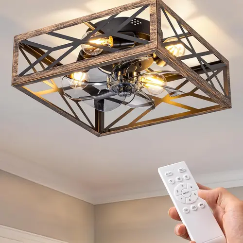 EDISHINE Caged Ceiling Fans with Lights Flush Mount, Rustic Square Low Profile Enclosed Fan Ceiling with Remote, 2/4 H Timer, Reversible 6 Speed, Farmhouse Small Fan for Bedroom, Kitchen, Dining Room