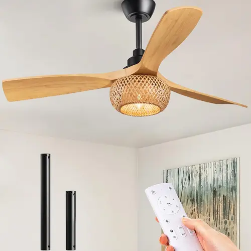 EDISHINE 42-Inch Boho Indoor Ceiling Fan with Light Kit, Rustic Woven Natural Bamboo Cage, Dimmable Brushless DC Motor, Quiet Reversible, Remote Control, Flat/Sloped Ceiling Compatible, Living Room Decor, Farmhouse Style