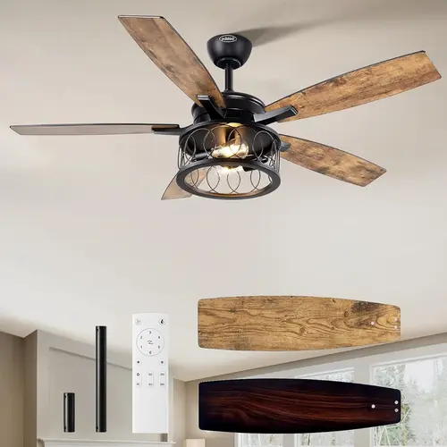 EDISHINE 52'' Farmhouse Ceiling Fans with Lights, 10%-100% Dimmable, 5 Wooden Blades, 1/2/4/6 Hour Timer, 6 Speeds Reversible DC Motor, Rustic Ceiling Fan for Living Room, Bedroom, Burnt Wood