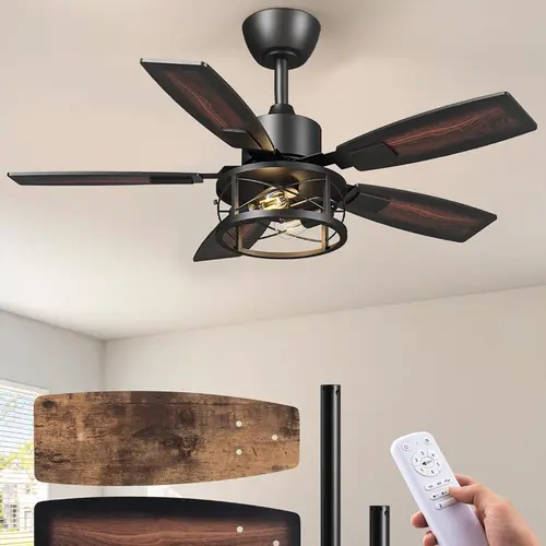 EDISHINE Farmhouse Caged Ceiling Fan with Dimmable Adjustable Home Decor Light, 42-Inch Rustic 5-Wood-Blade Model, Quiet Reversible DC Motor & Remote, for Indoor & Outdoor Spaces (Guide & Video Tutorial Included, Ideal for Homes with Infants or Elderly)