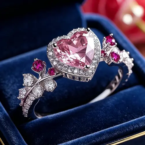 Women's Luxurious Heart-Shaped Synthetic Zirconia Wedding Promise Ring - Pink 4th Birthstone Costume Jewelry, Cubic Zirconia Accessory for Everyday Wear, Gifts for Girlfriend