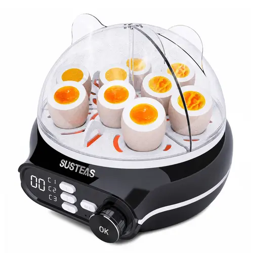 SUSTEAS Timer Egg Boiler - 3 Independent Cooking Zones, 9-Piece Large Capacity, Pre-Set Timing, Voice Reminder, Energy-Saving Design, Egg & Milk Pudding Tray, Versatile Doneness Settings for Family Breakfast