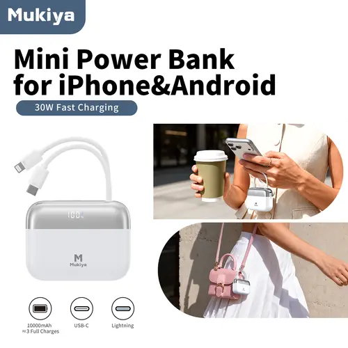 Mukiya B812 10000mAh Li-ion Mobile Compact Battery Pack - 30W Super Charge, Built-in Dual Cables, Digital Display, iPhone/Android Compatible, Travel EDC Gear, Everyday Carry Cute Accessories