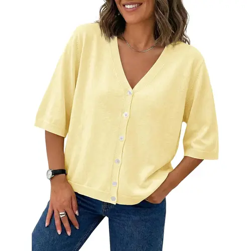Saodimallsu Women's Short Sleeve Cardigan, Lightweight V-Neck Button-Down Casual Knitwear Sweater Top for Summer, Cardigan For Women,back to school,back to school shopping